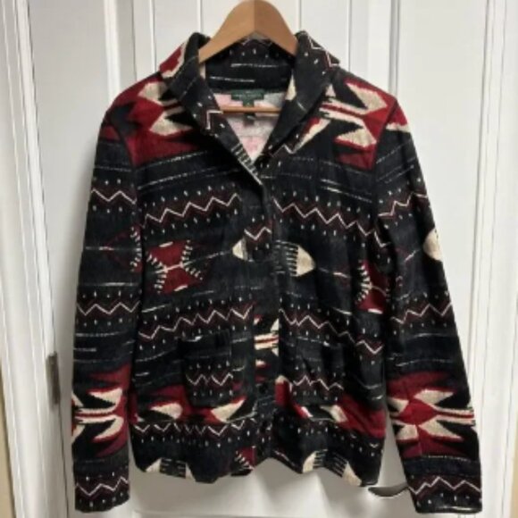 Lauren Ralph Lauren Sweater Women XL Red Navy Cardigan Shawl Southwestern Aztec - Picture 1 of 5